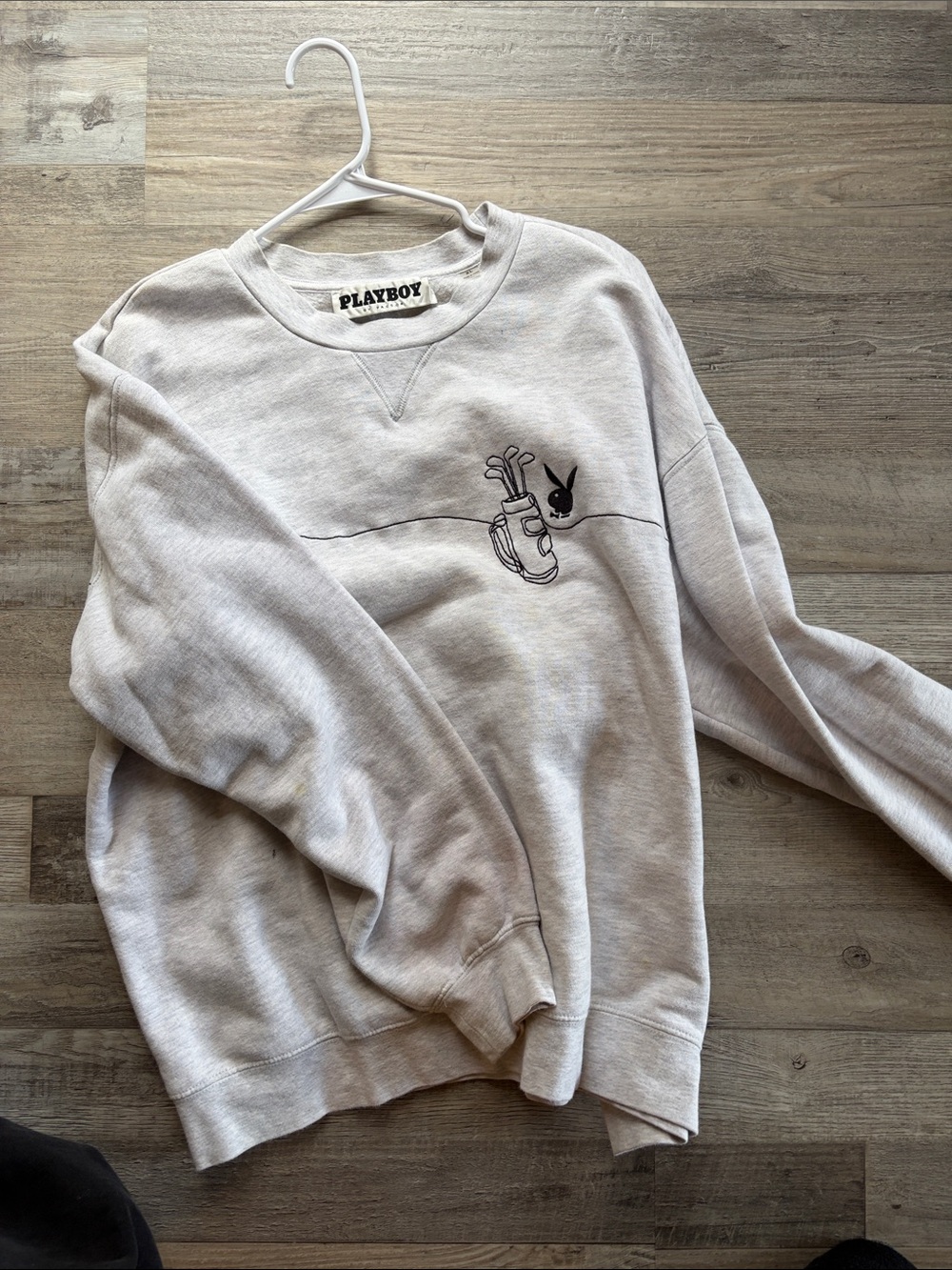 PLAYBOY Light Gray Crewneck Sweatshirt with Golf Bag Bunny Embroidery